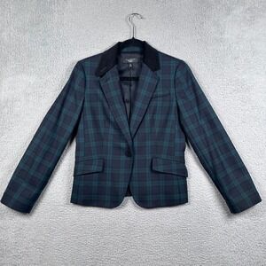 Talbots Petites Women's 8P Black Watch Plaid Blazer Velvet Collar Wool Preppy